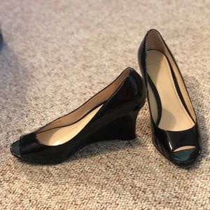 Cole Haan patent peep toe wedge